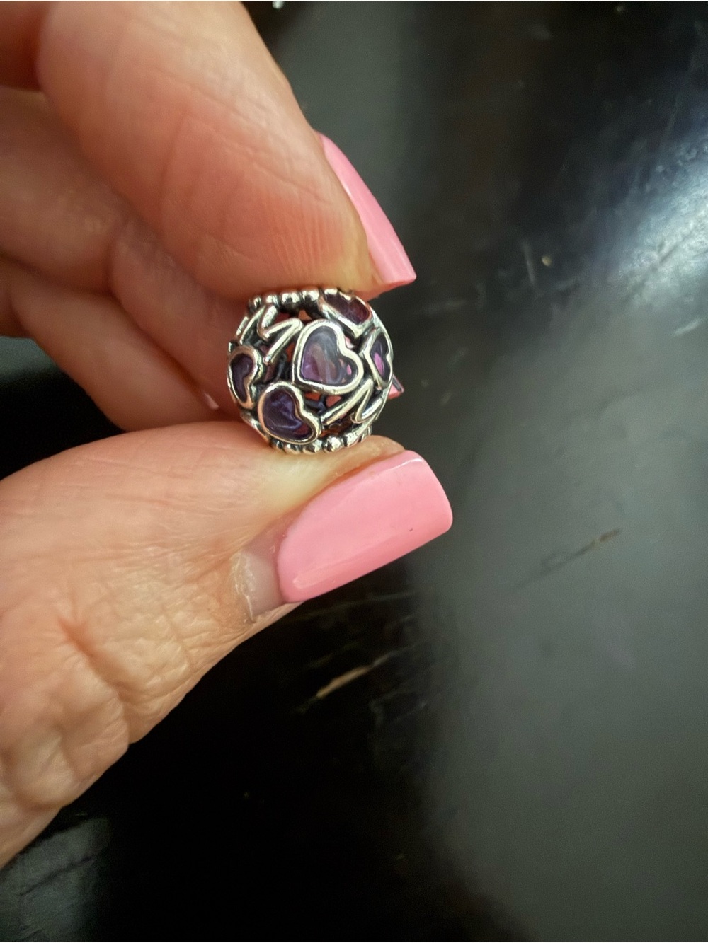 Pandora Silver Charm Bead with Purple Heart Enamel Accents